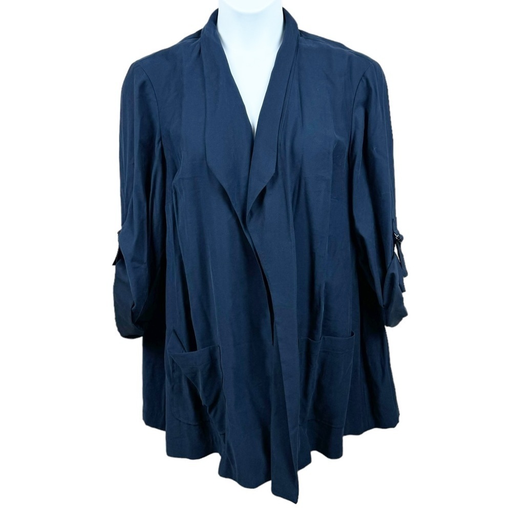 NWT Lane Bryant Navy Blue Open Front Roll Tab Waterfall Blazer